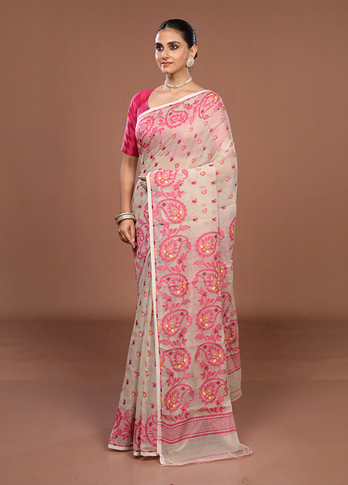 Cream Jamdani Cotton Saree Without Blouse Piece