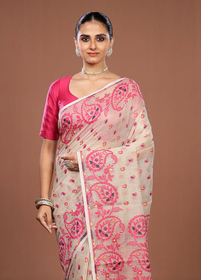 Cream Jamdani Cotton Saree Without Blouse Piece