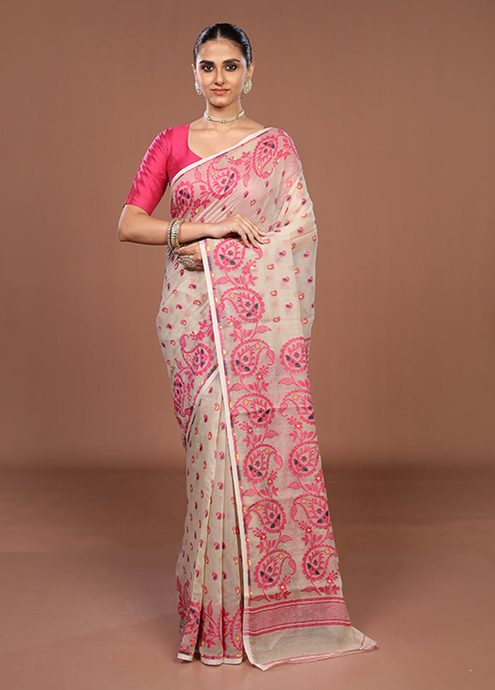 Cream Jamdani Cotton Saree Without Blouse Piece