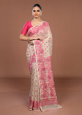 Cream Jamdani Cotton Saree Without Blouse Piece