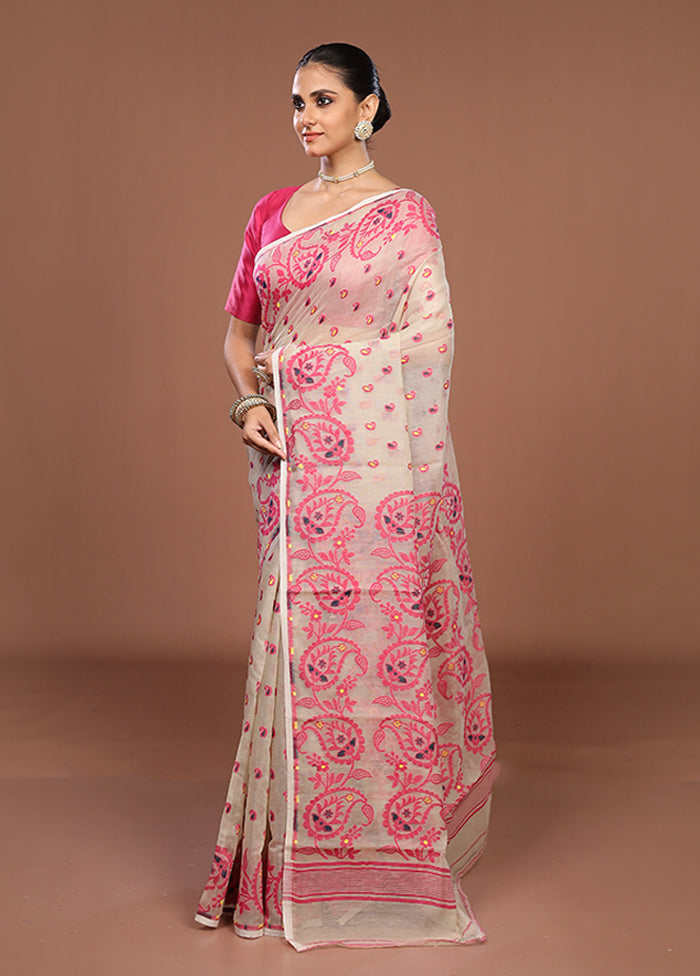 Cream Jamdani Cotton Saree Without Blouse Piece
