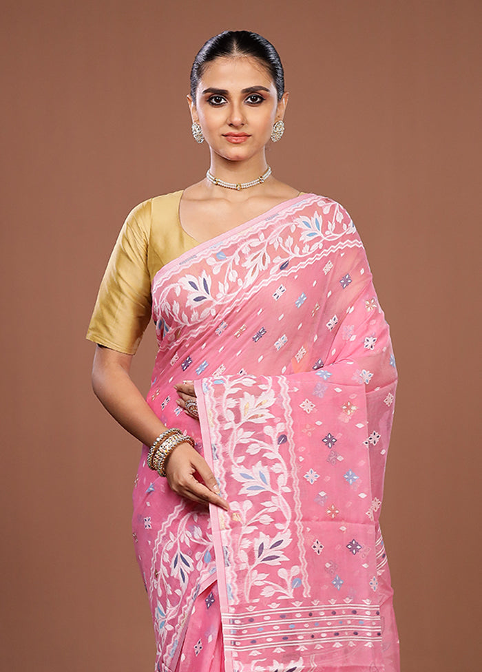 Pink Jamdani Cotton Saree Without Blouse Piece