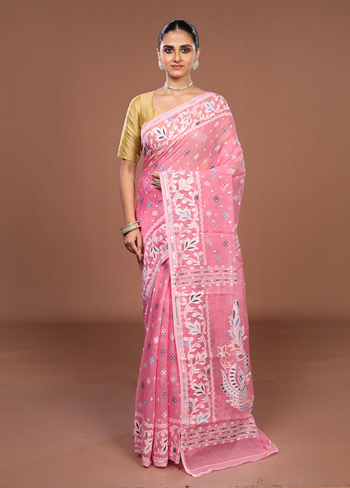 Pink Jamdani Cotton Saree Without Blouse Piece