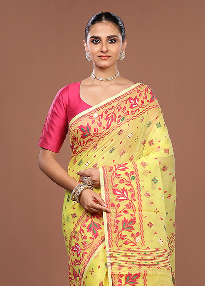 Yellow Jamdani Cotton Saree Without Blouse Piece