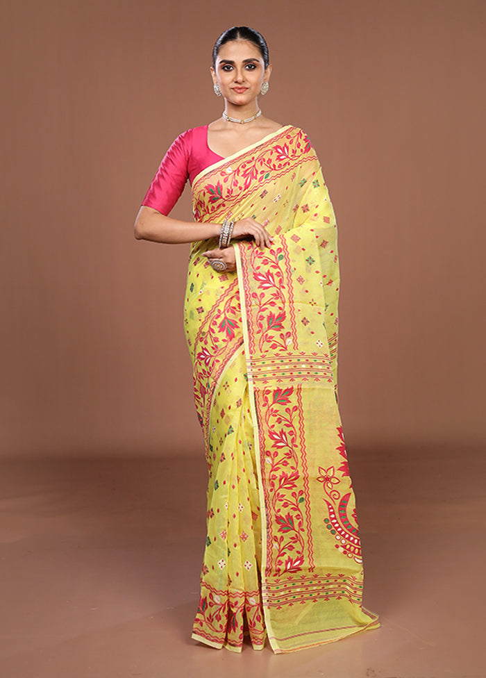 Yellow Jamdani Cotton Saree Without Blouse Piece