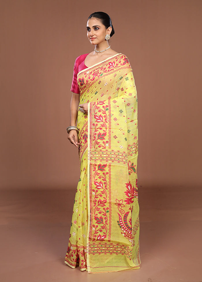 Yellow Jamdani Cotton Saree Without Blouse Piece