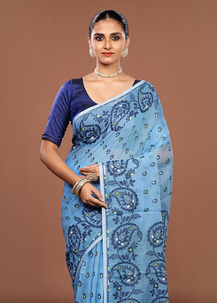 Blue Jamdani Cotton Saree Without Blouse Piece