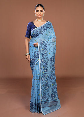 Blue Jamdani Cotton Saree Without Blouse Piece