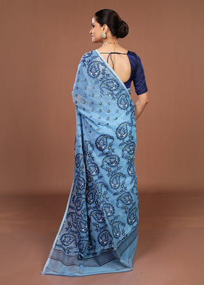 Blue Jamdani Cotton Saree Without Blouse Piece