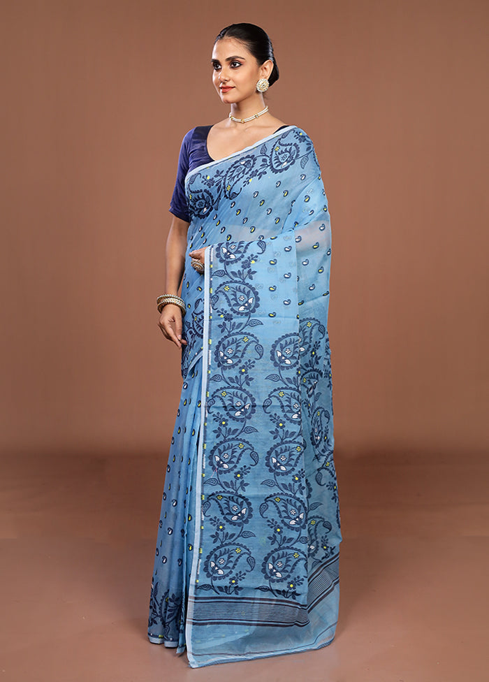Blue Jamdani Cotton Saree Without Blouse Piece