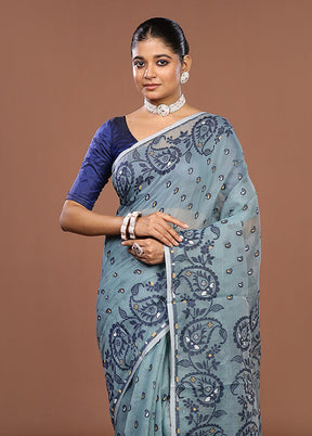Blue Jamdani Cotton Saree Without Blouse Piece