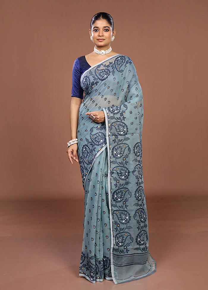 Blue Jamdani Cotton Saree Without Blouse Piece