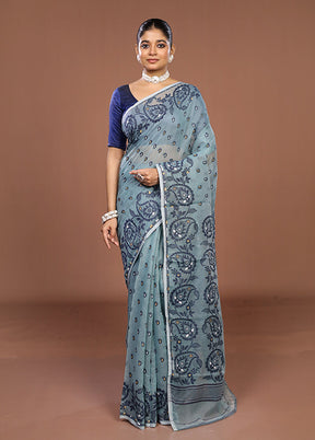 Blue Jamdani Cotton Saree Without Blouse Piece