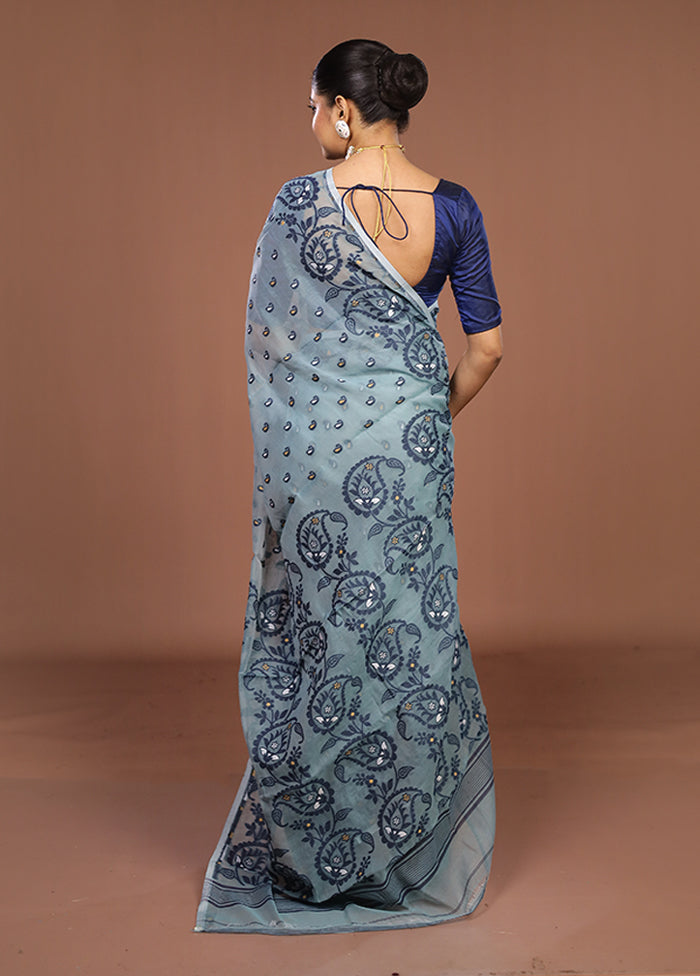 Blue Jamdani Cotton Saree Without Blouse Piece
