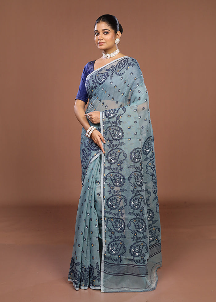 Blue Jamdani Cotton Saree Without Blouse Piece