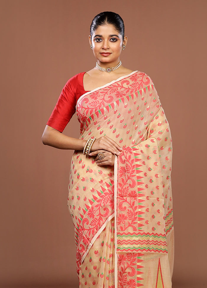 Cream Jamdani Cotton Saree Without Blouse Piece