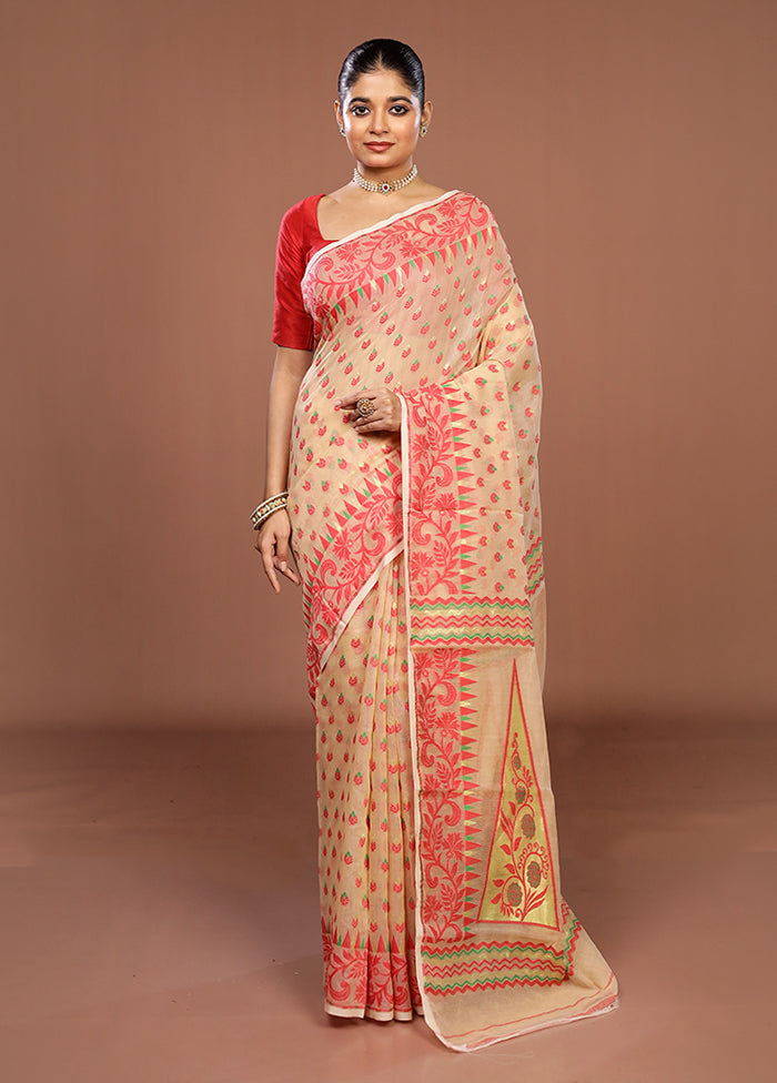 Cream Jamdani Cotton Saree Without Blouse Piece