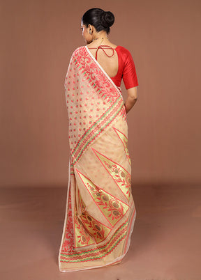 Cream Jamdani Cotton Saree Without Blouse Piece