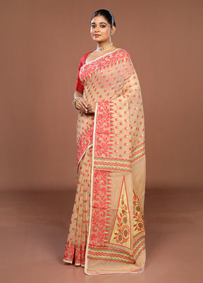 Cream Jamdani Cotton Saree Without Blouse Piece