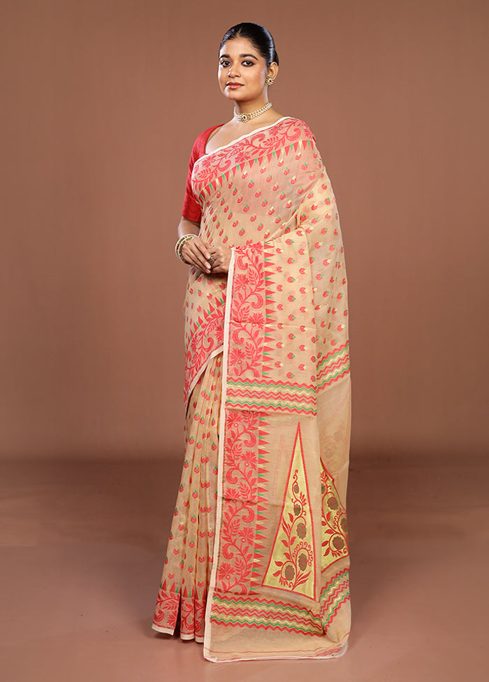 Cream Jamdani Cotton Saree Without Blouse Piece