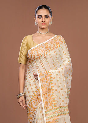 Cream Jamdani Cotton Saree Without Blouse Piece