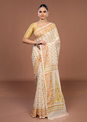 Cream Jamdani Cotton Saree Without Blouse Piece