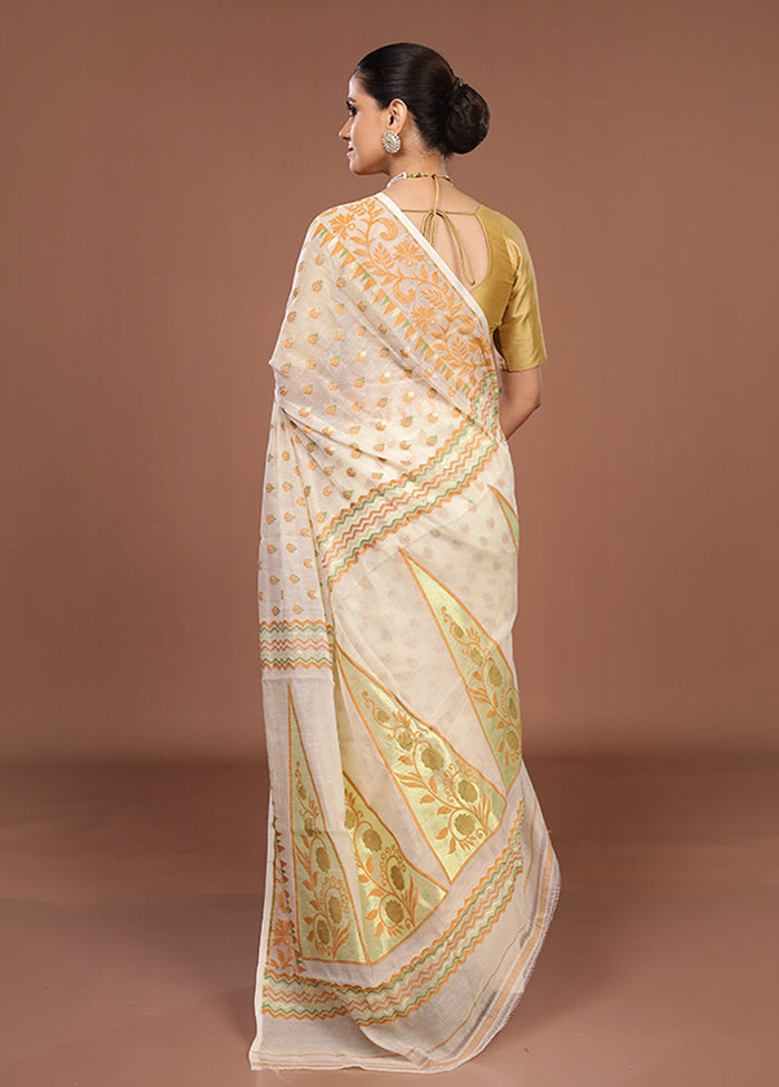 Cream Jamdani Cotton Saree Without Blouse Piece