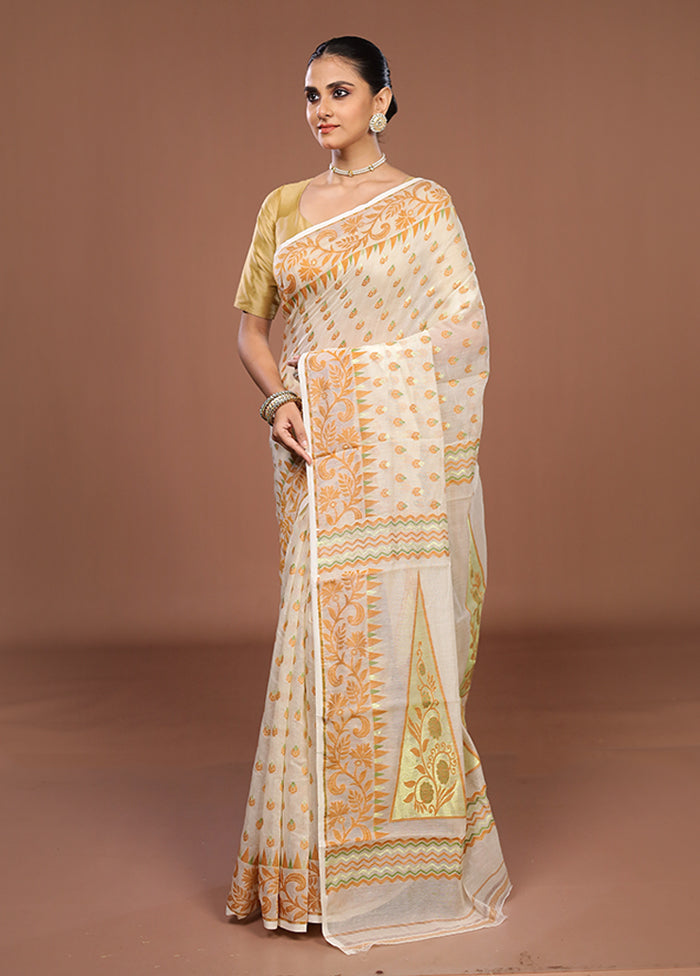 Cream Jamdani Cotton Saree Without Blouse Piece