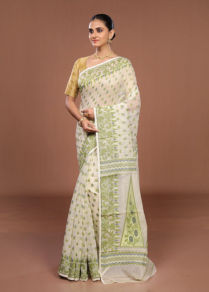 Cream Jamdani Cotton Saree Without Blouse Piece