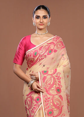 Cream Jamdani Cotton Saree Without Blouse Piece
