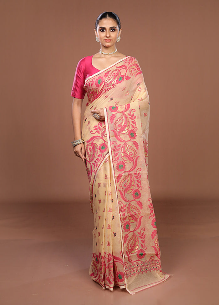 Cream Jamdani Cotton Saree Without Blouse Piece