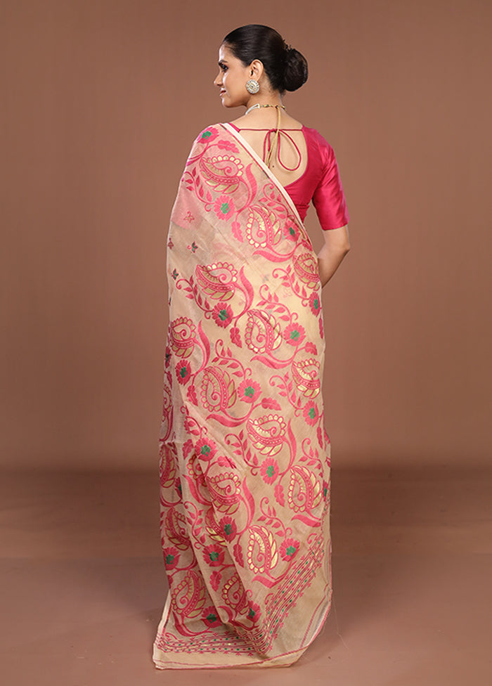 Cream Jamdani Cotton Saree Without Blouse Piece