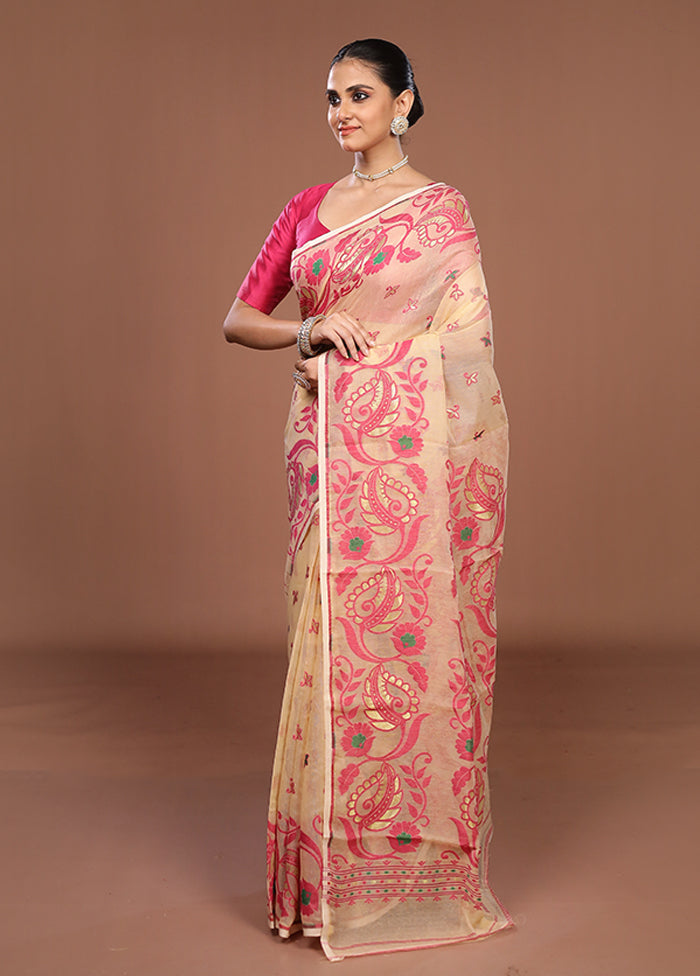Cream Jamdani Cotton Saree Without Blouse Piece