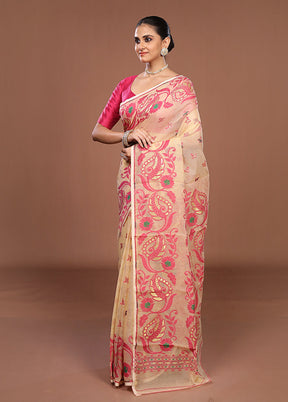 Cream Jamdani Cotton Saree Without Blouse Piece