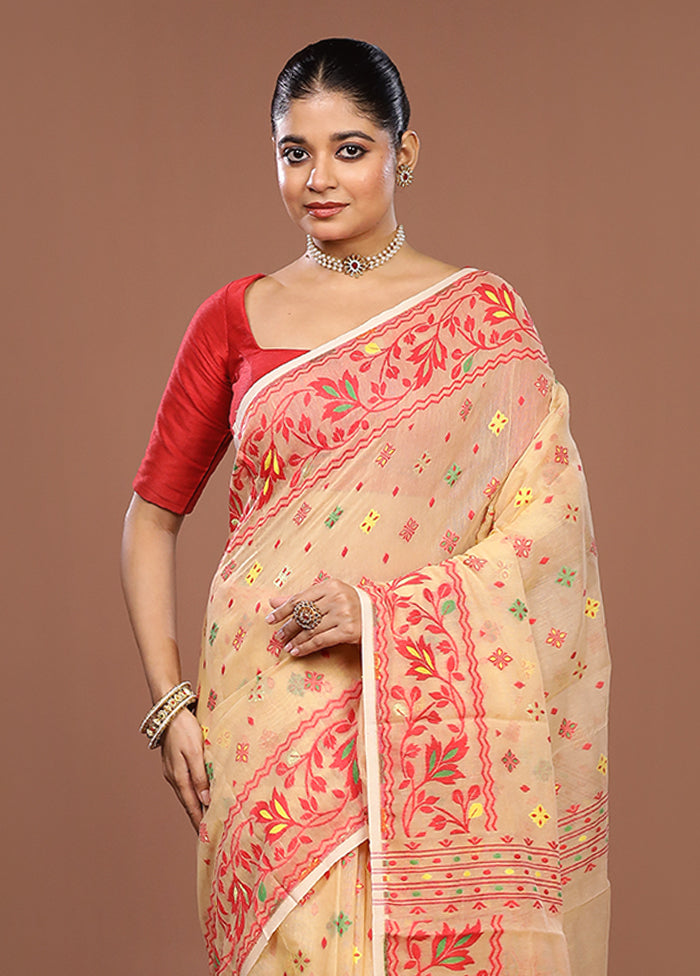 Cream Jamdani Cotton Saree Without Blouse Piece