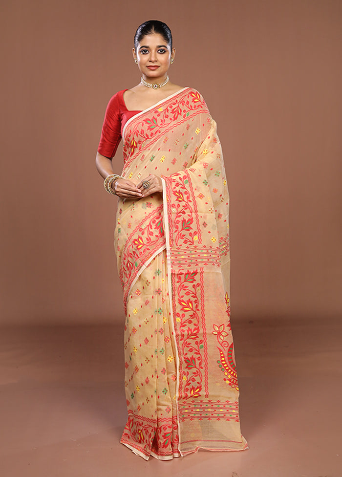 Cream Jamdani Cotton Saree Without Blouse Piece