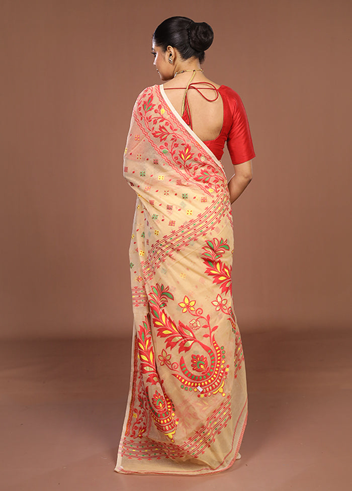 Cream Jamdani Cotton Saree Without Blouse Piece