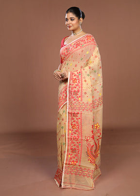 Cream Jamdani Cotton Saree Without Blouse Piece