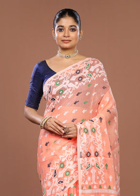Peach Jamdani Cotton Saree Without Blouse Piece