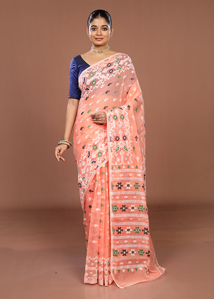 Peach Jamdani Cotton Saree Without Blouse Piece