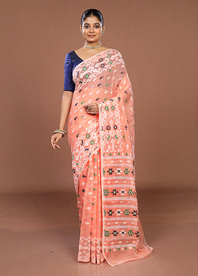 Peach Jamdani Cotton Saree Without Blouse Piece