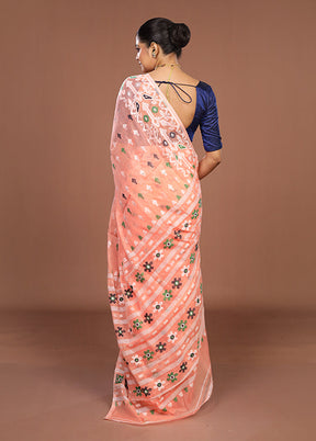 Peach Jamdani Cotton Saree Without Blouse Piece