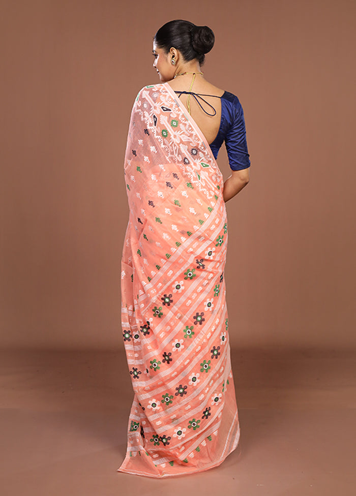 Peach Jamdani Cotton Saree Without Blouse Piece