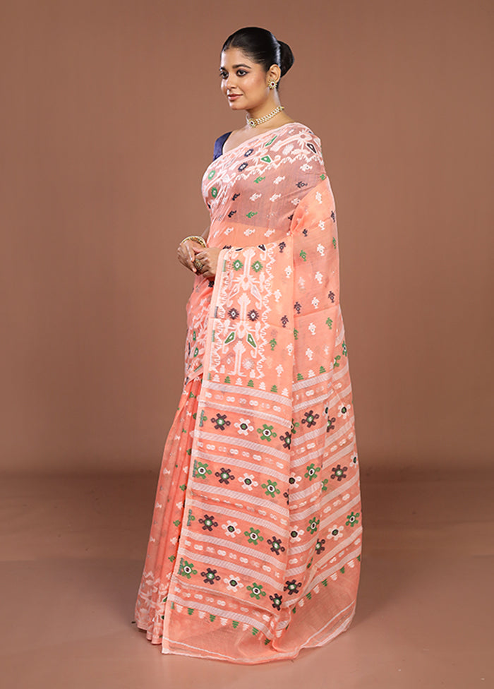 Peach Jamdani Cotton Saree Without Blouse Piece