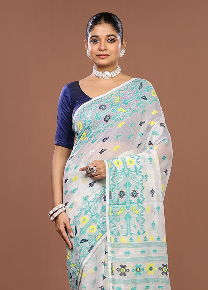 White Jamdani Cotton Saree Without Blouse Piece