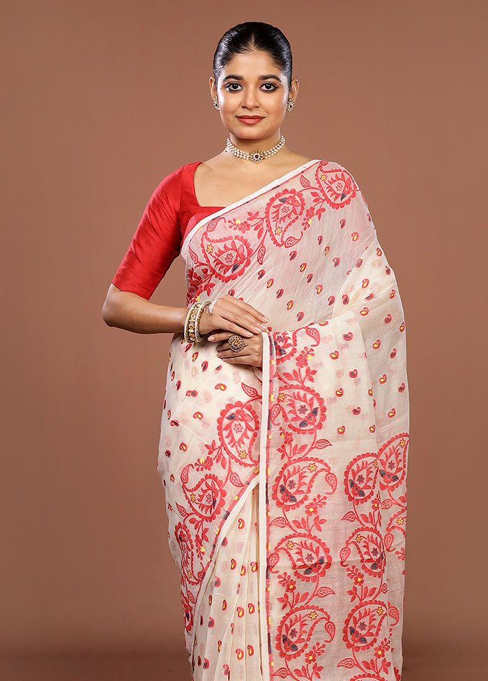 Cream Jamdani Cotton Saree Without Blouse Piece