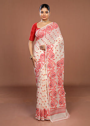 Cream Jamdani Cotton Saree Without Blouse Piece