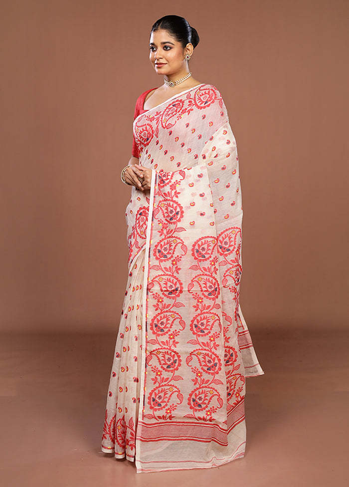 Cream Jamdani Cotton Saree Without Blouse Piece