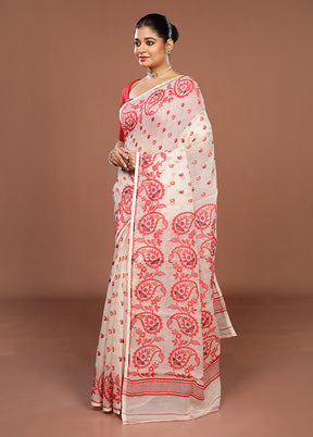 Cream Jamdani Cotton Saree Without Blouse Piece