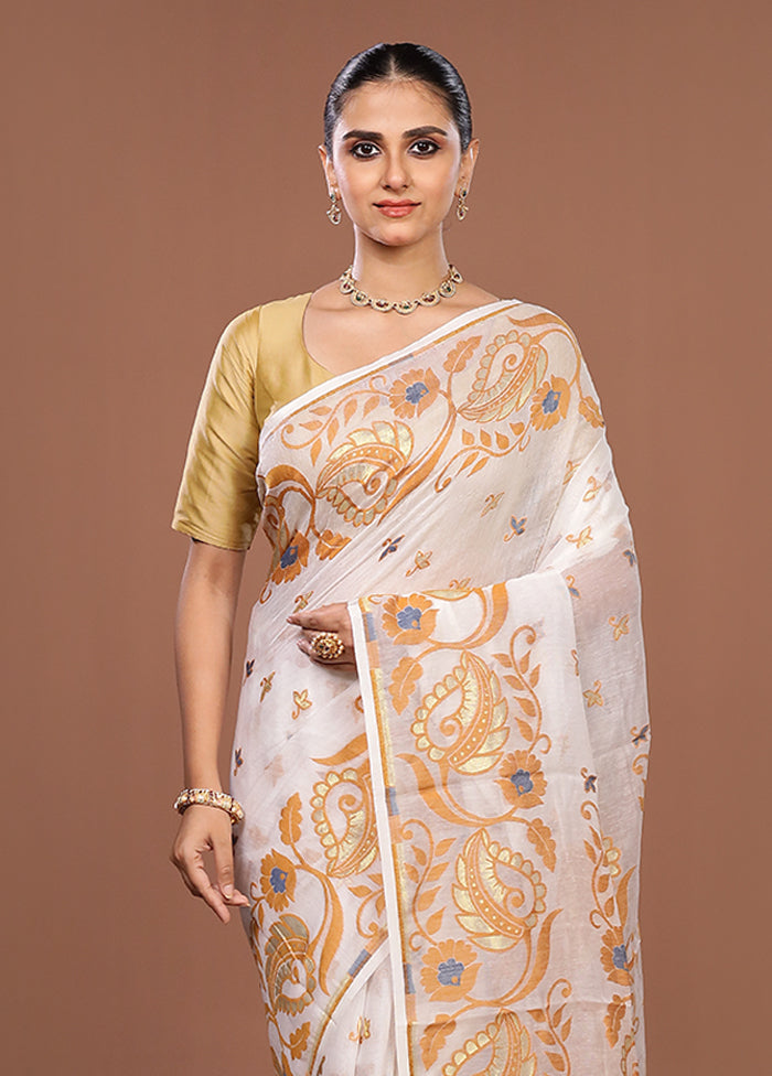 White Jamdani Cotton Saree Without Blouse Piece